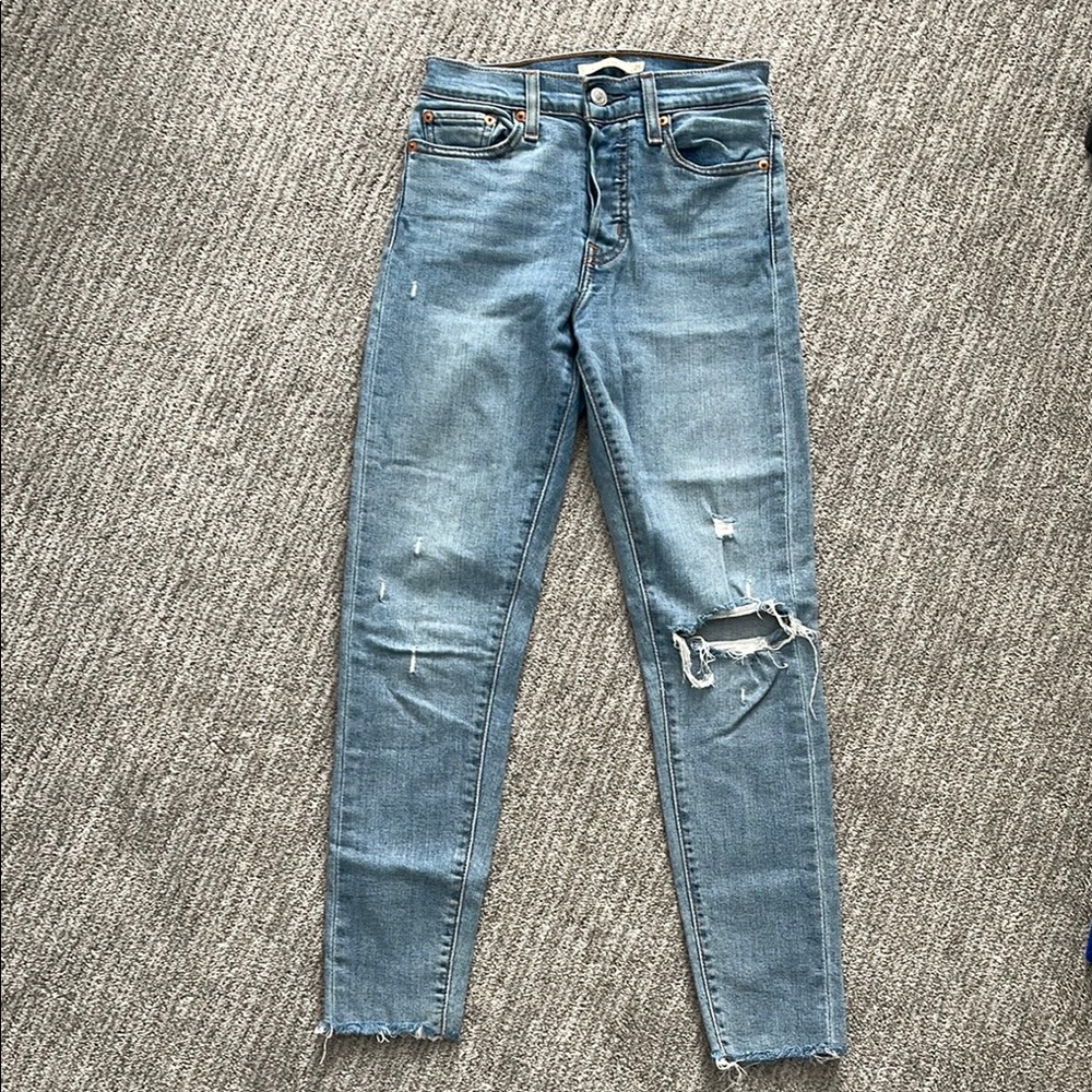 Levi's High Rise Blue Wedgie Skinny Jeans with Distressed Details